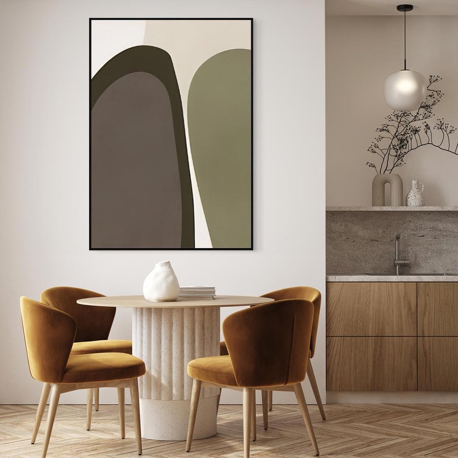 Obraz w ramie 50x70 - Fale w Zieleni - abstrakcyjne kształty, zgaszona zieleń - rama czarna