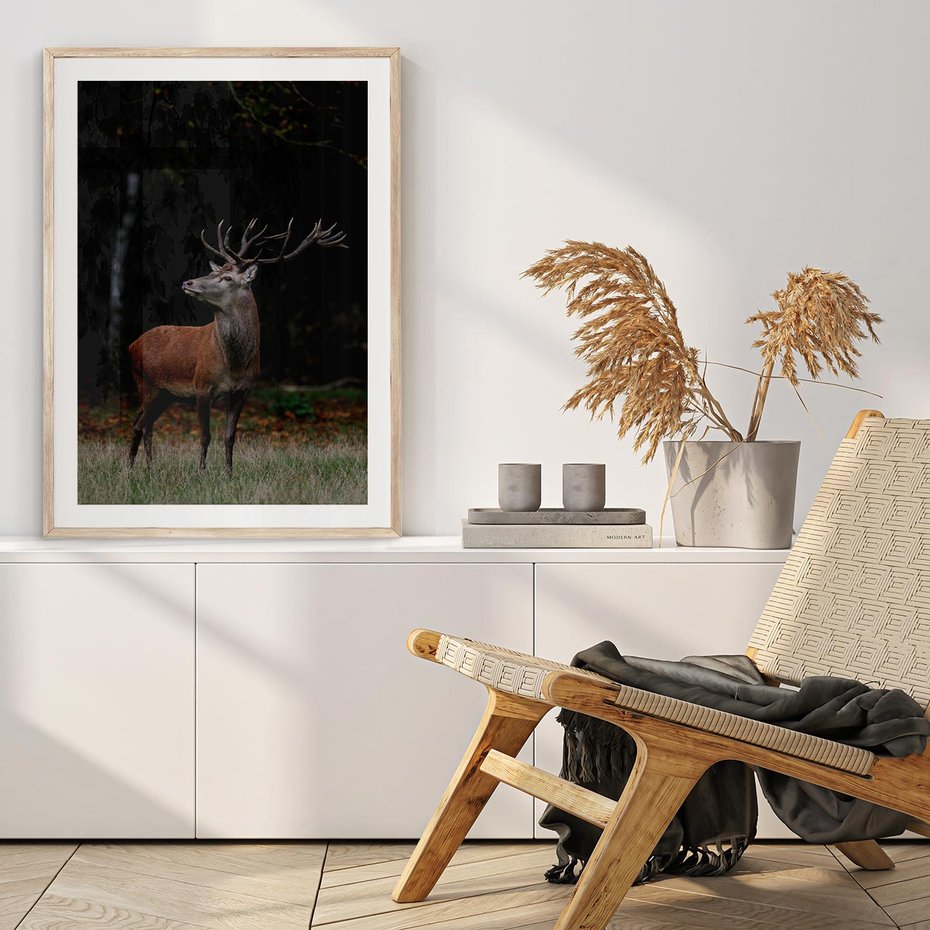 Plakat w ramie 40x50 - Spotkanie z naturą - jeleń, las - rama drewno