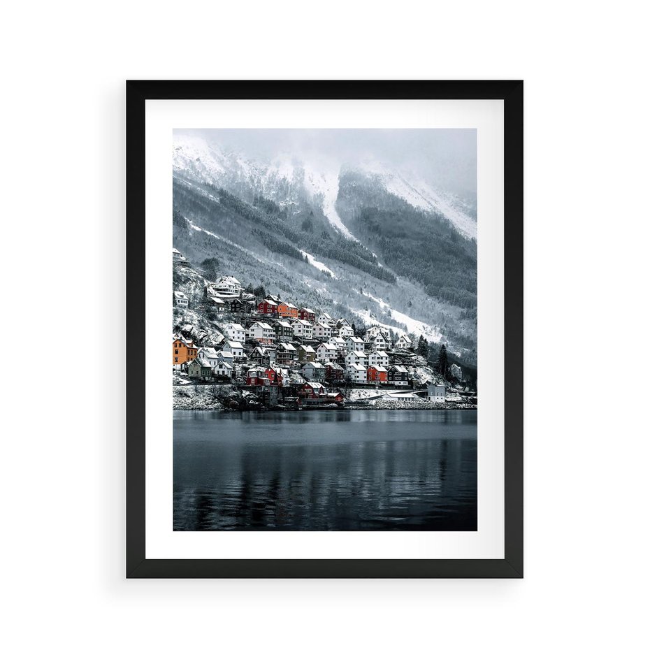 Plakat w ramie 40x50 - Skandynawia na Wzgórzach - domki na wzgórzu, skandynawia - rama czarna