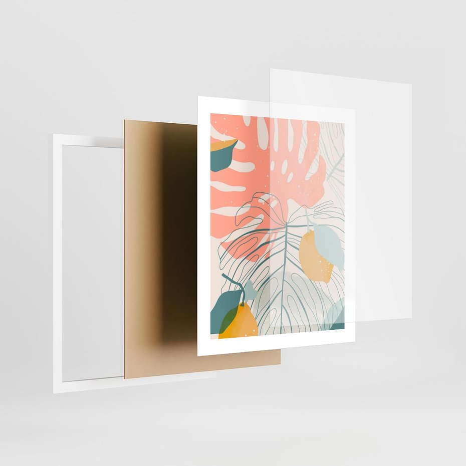 Plakat w ramie 40x50 - Sztuka Natury: Liście Monstery w Pastelach - nowoczesna grafika, pastelowe liście monstery - rama biała