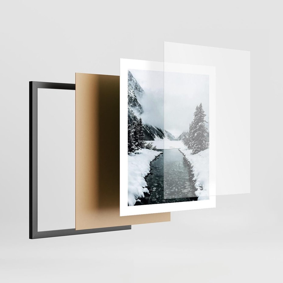 Plakat w ramie 40x50 - Zimowa Przyroda: Rzeka, Góry i Śnieg - zima, rzeka - rama czarna