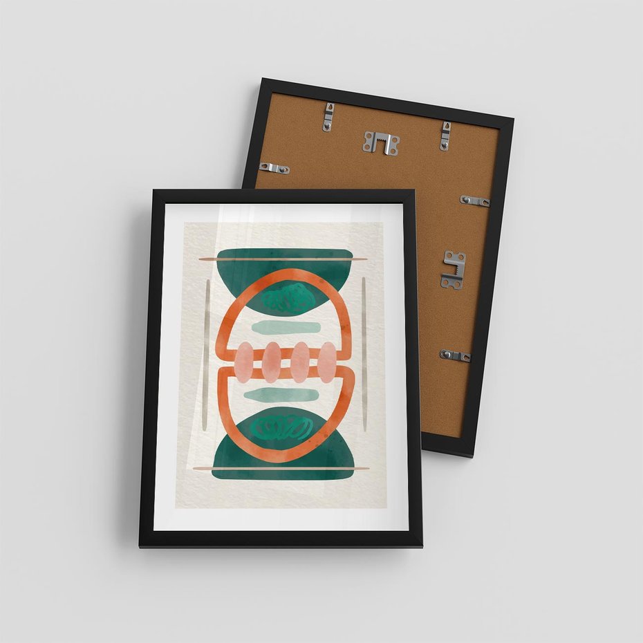 Plakat w ramie 30x40 - Oryginalny obraz abstrakcyjny w nowoczesnym stylu. Geometryczne akwarelowe kształty w intensywnych odcieniach zieleni i pomarańczu. Doskonała dekoracja dla miłośników sztuki. - abstrakcyjny obraz, sztuka nowoczesna - rama czarna