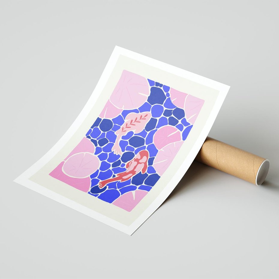 Plakat bez ramy 30x40 - Rzeka Abstrakcji - abstrakcyjna kompozycja, różowe ryby wśród rafy