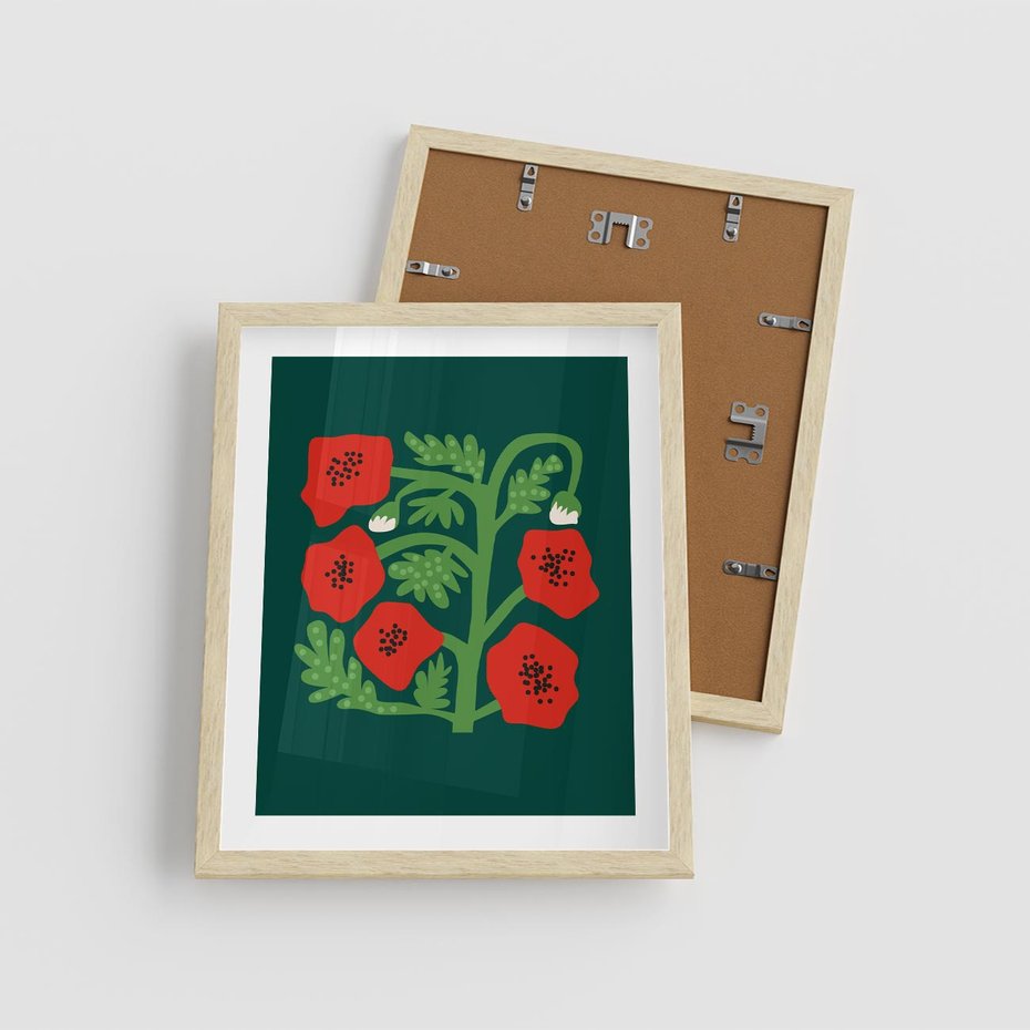 Plakat w ramie 40x50 - Księga Odbić - abstrakcyjna kwiatowa kompozycja, zielone mocne tło - rama drewno