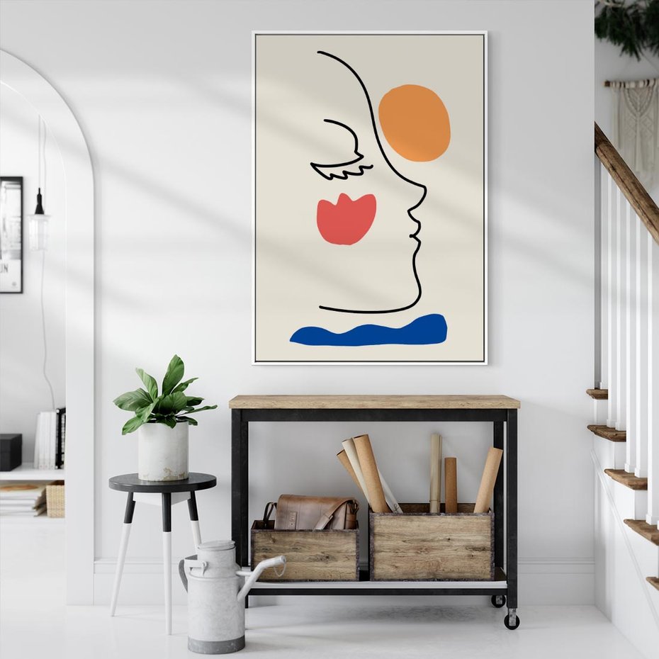 Obraz w ramie 80x120 - Taniec Przenikających Plam - abstrakcyjny obraz, przypomina twarz - rama biała