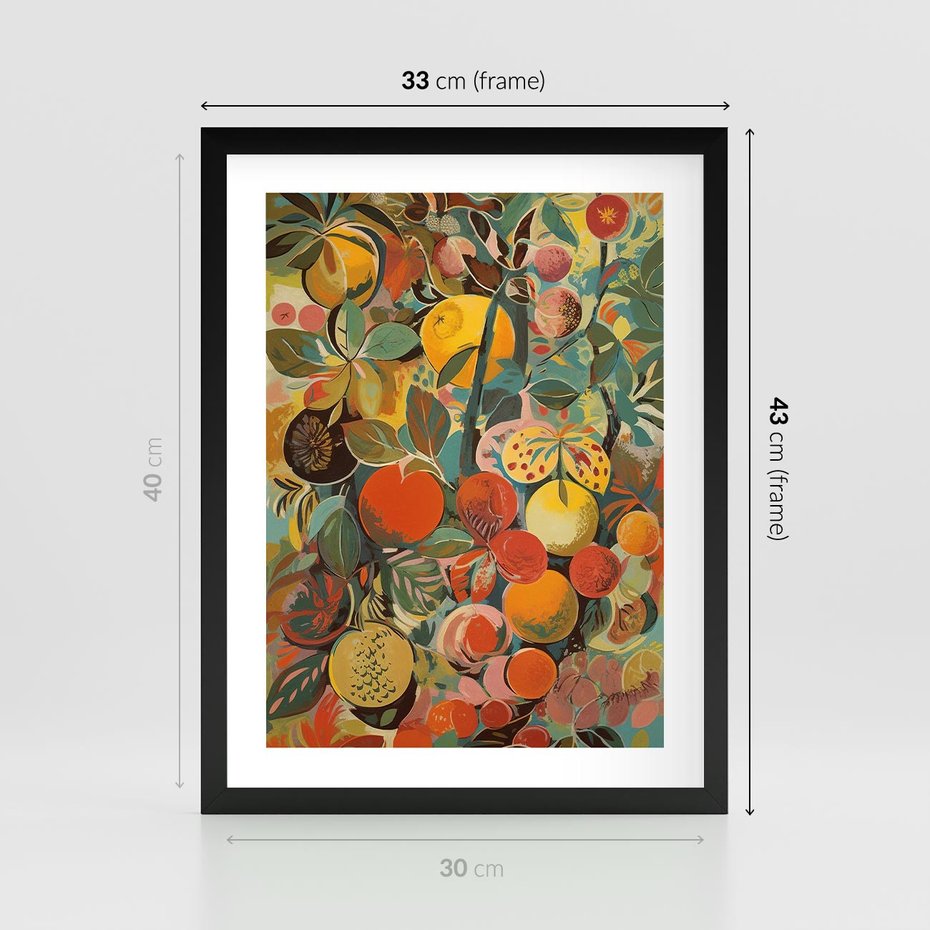 Plakat w ramie 30x40 - Księga Surrealnych Wyobrażeń - abstrakcyjny obraz owoców, jak picasso - rama czarna
