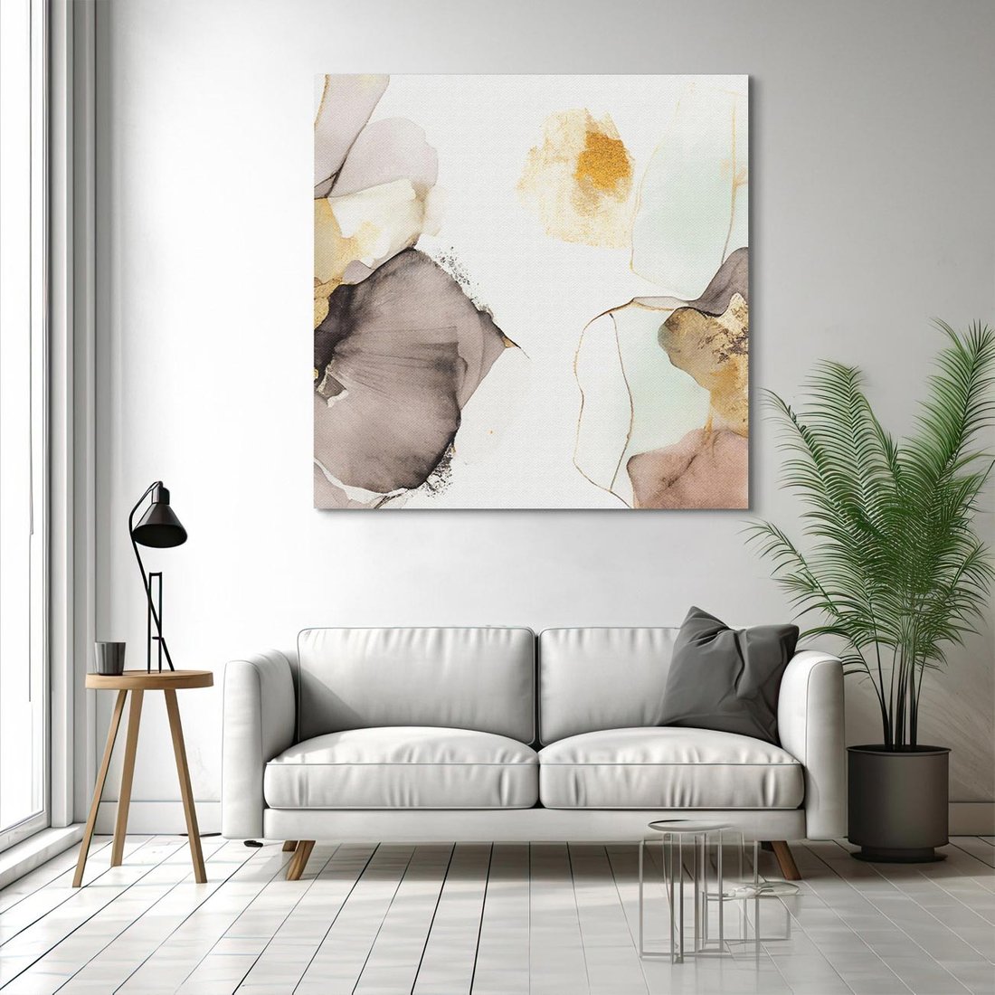 Obraz na płótnie 70x70 - Nowoczesne Elegancje - akwarela, złote linie i plamy