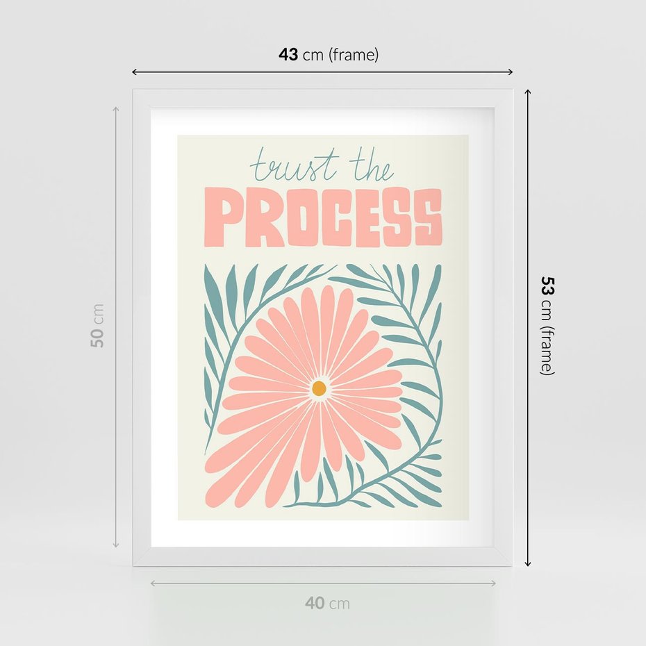 Plakat w ramie 40x50 - Symfonia Światła - typografia, pastelowa stokrotka - rama biała