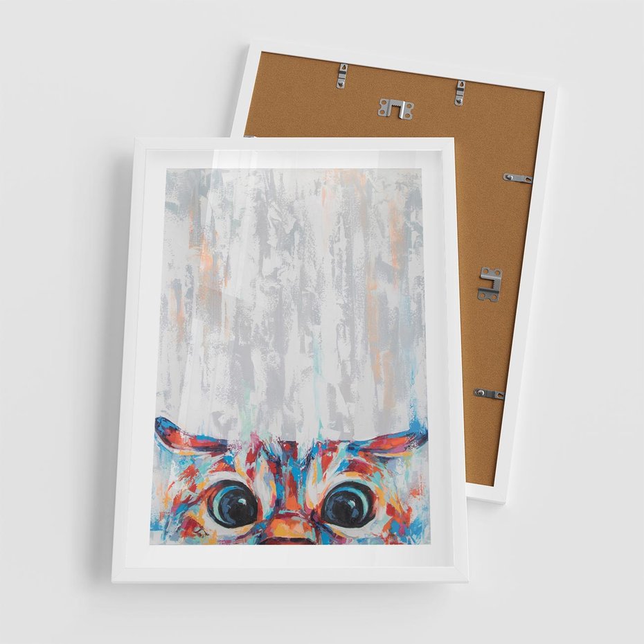 Plakat w ramie 50x70 - Co ja Widzę - obraz olejny, śmieszny obraz kota - rama biała