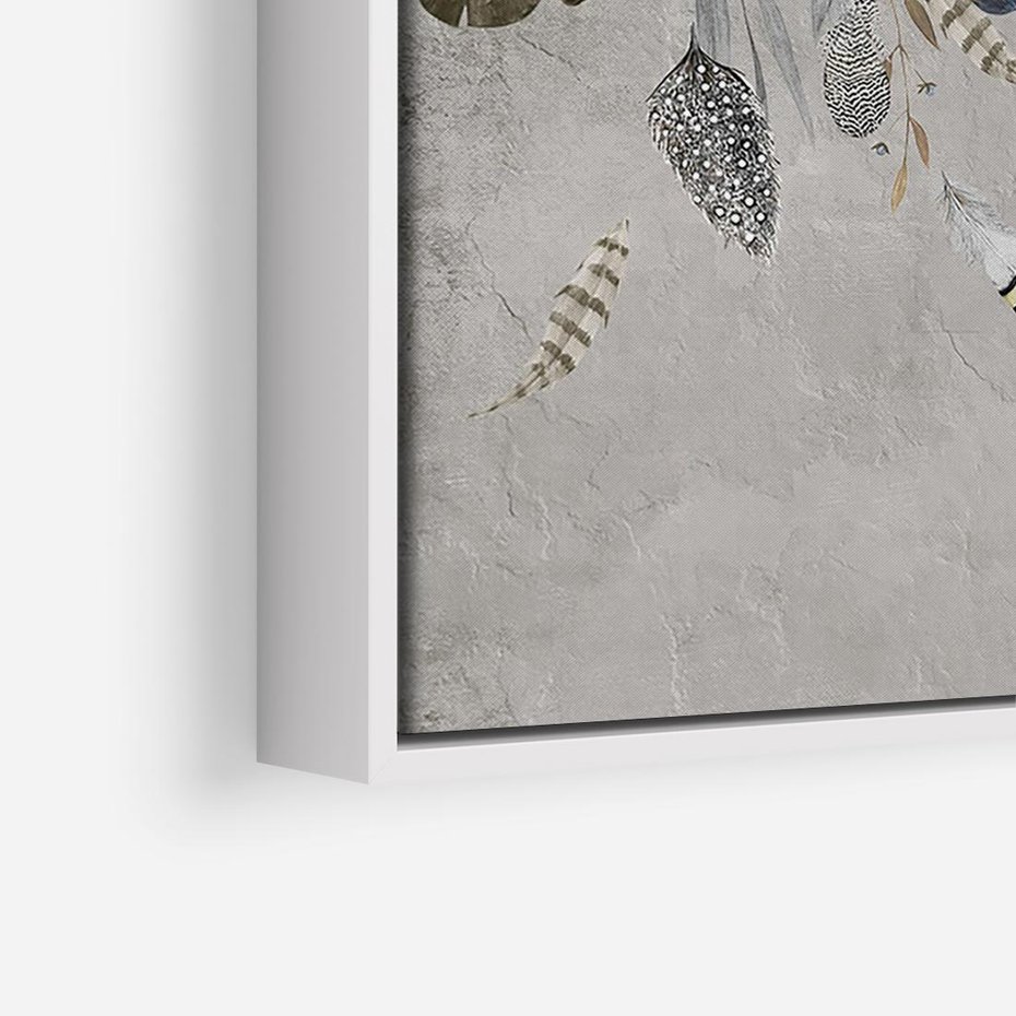 Obraz w ramie 100x70 - Sploty losu na płótnie - kompozycja boho piór, indiańskie pióra - rama biała