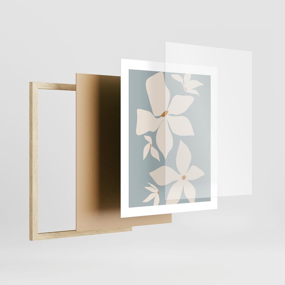 Plakat w ramie 40x50 - Błękit Kwiatów - kwiaty, nowoczesne i minimalistyczne - rama drewno