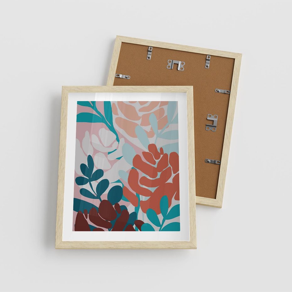 Plakat w ramie 40x50 - Impresje Kształtów - abstrakcyjna kompozycja kwiatowych form, kolor zgaszone - rama drewno