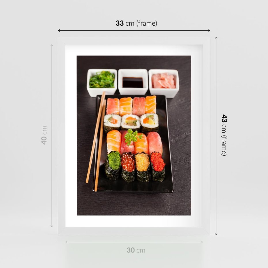 Plakat w ramie 30x40 - Kulinarne podróże do Japonii - sushi, japonia - rama biała