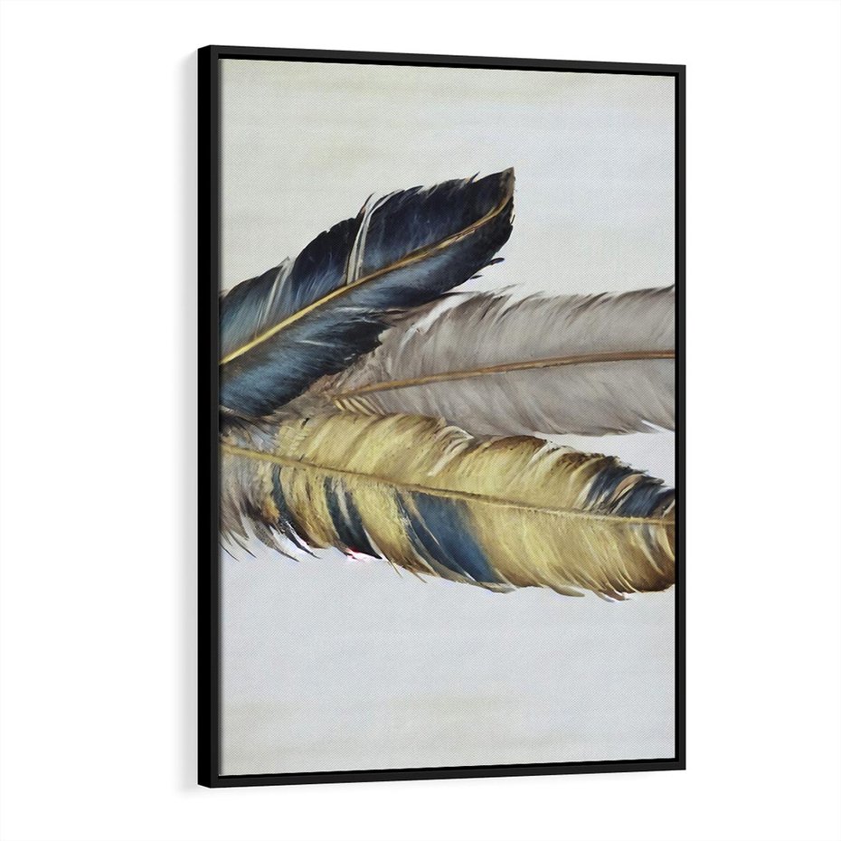 Obraz w ramie 70x100 - Granatowo-Złote Pióra - sztuka, granatowe i złote pióra - rama czarna
