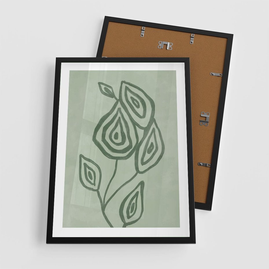 Plakat w ramie 50x70 - Szmaragdowy Oddech - abstrakcyjne delikatne zielone linie, podobne do gałęzi kwiatów - rama czarna