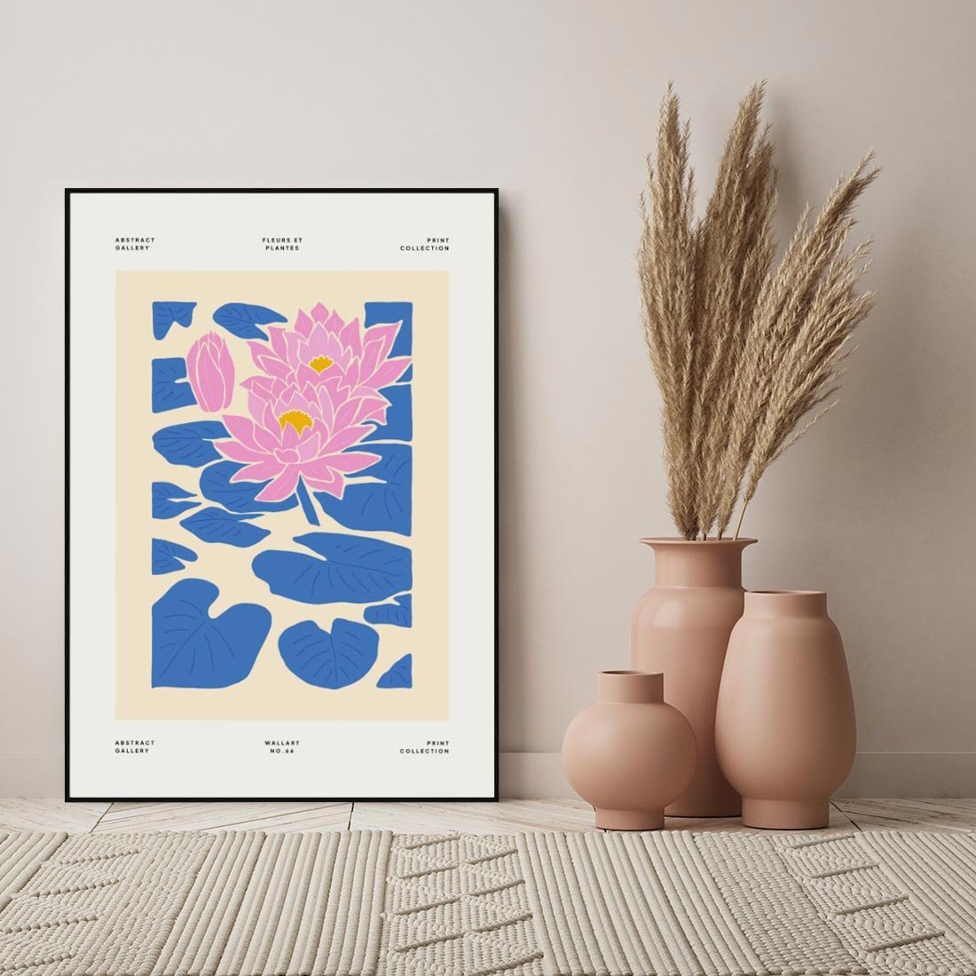 Obraz w ramie 50x70 - Rozświetlone Odbicia - lilie wodne, pastelowe kolory - rama czarna