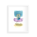 Plakat w ramie 30x40 - Taniec Akwarelowych Kresek - akwarelowe plamy w odcieniach błękitu, złote kreski - rama biała