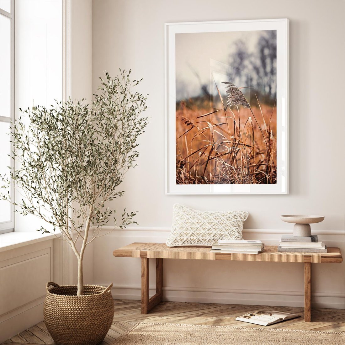 Plakat w ramie 50x70 - Jesienna Melancholia - suche trawy, jesień - rama biała