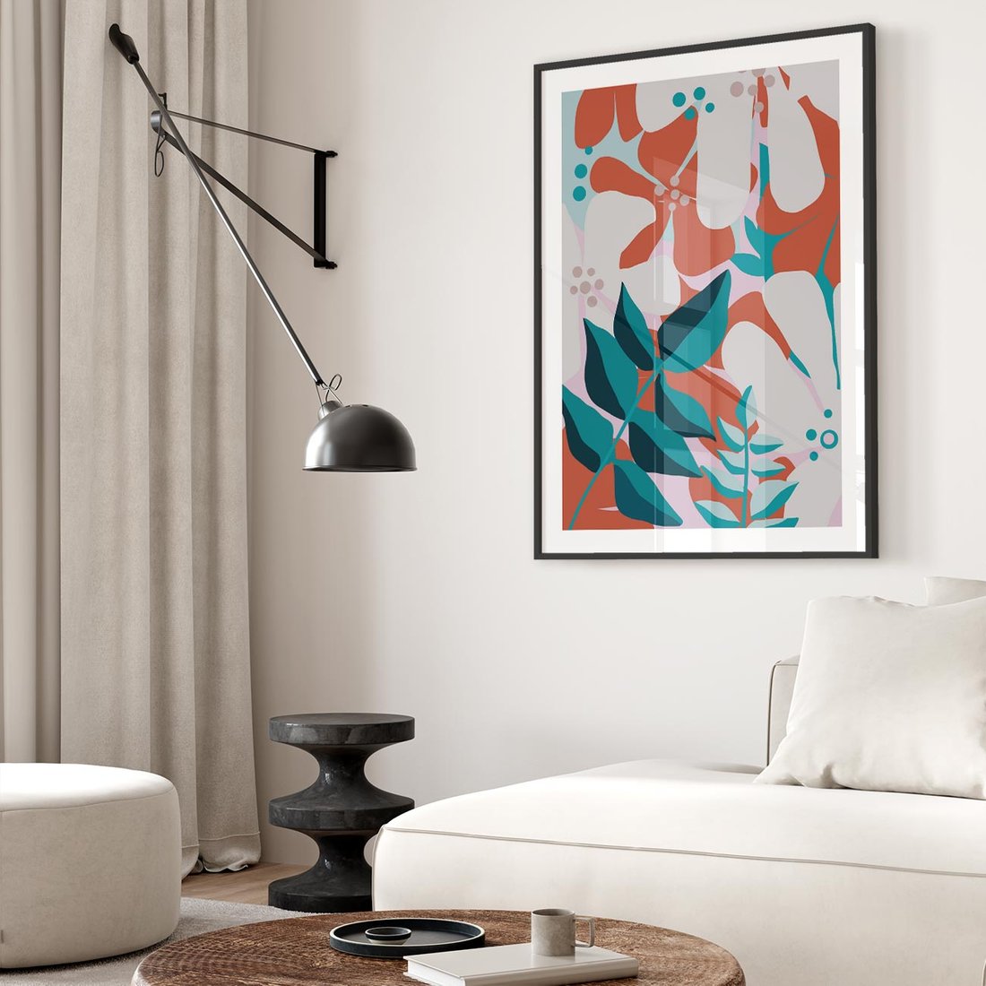 Plakat w ramie 50x70 - Harmonijne Formy - abstrakcyjna kompozycja kwiatowych form, kolor zgaszone - rama czarna