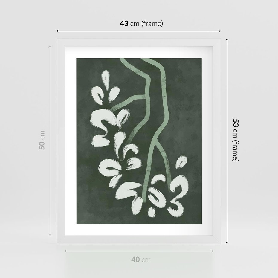 Plakat w ramie 40x50 - Rozkwitające Zielone Gałęzie - abstrakcyjne delikatne zielone linie, podobne do gałęzi kwiatów - rama biała