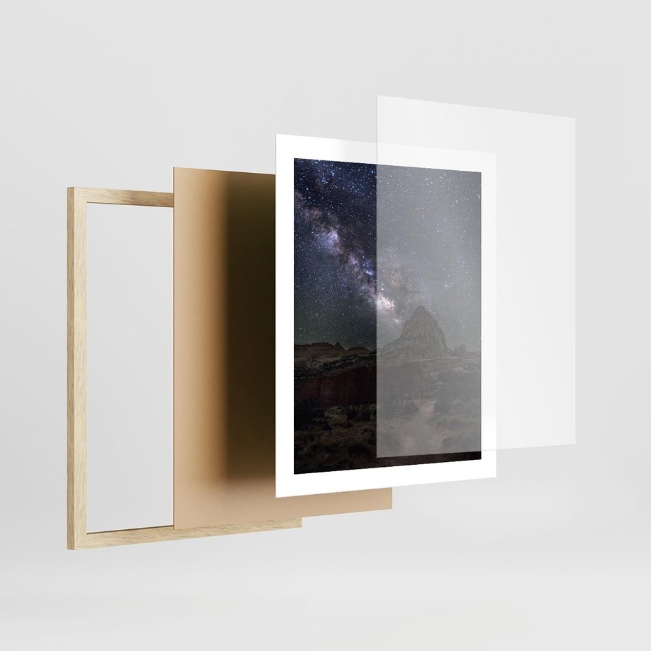 Plakat w ramie 40x50 - Gwiaździsta Noc na Pustyni - noc na pustyni, gwiździste niebo - rama drewno