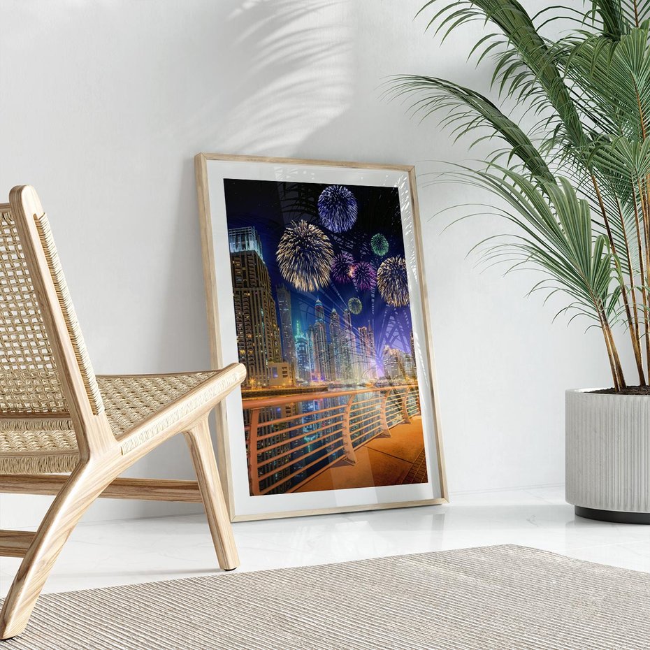 Plakat w ramie 50x70 - Fajerwerki Nowego Roku - nowy rok, fajerwerki - rama drewno