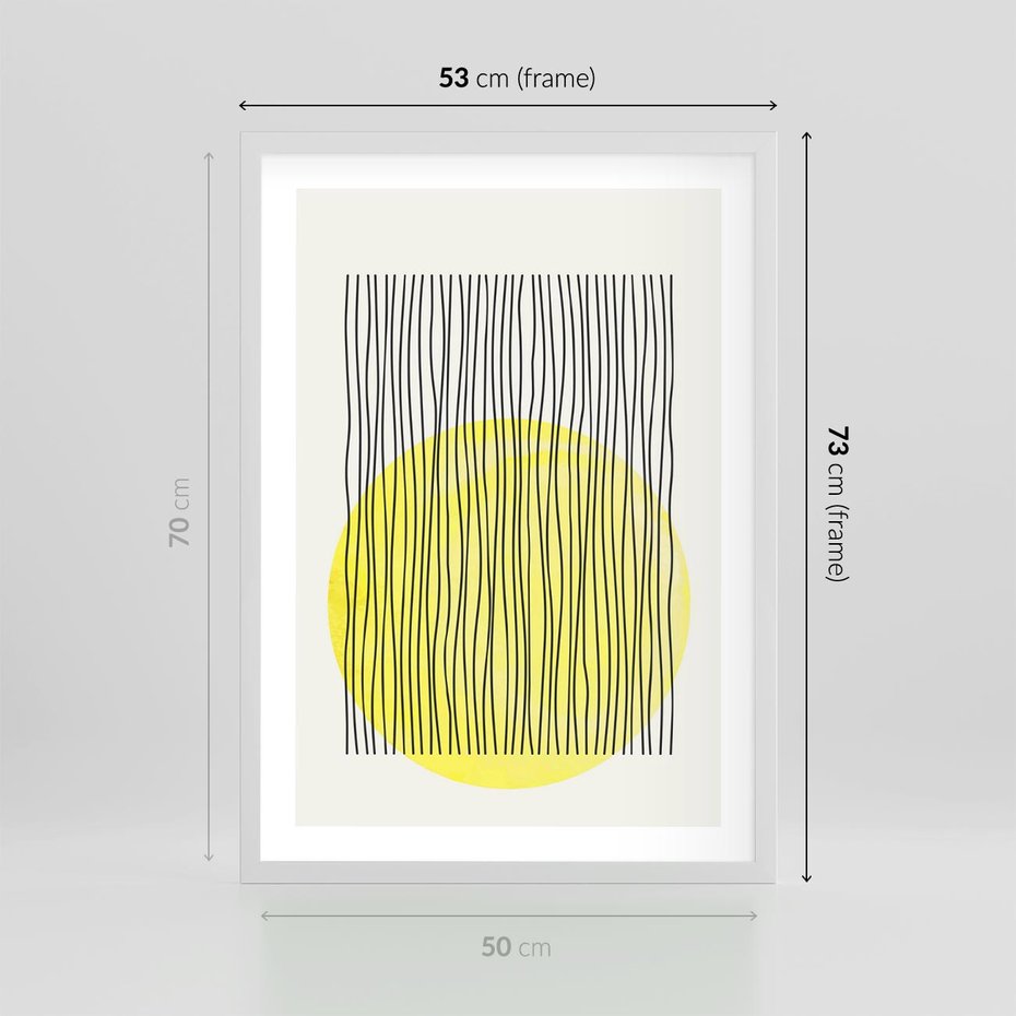 Plakat w ramie 50x70 - Ciepłe Przenikanie - geometria, żółte koło - rama biała