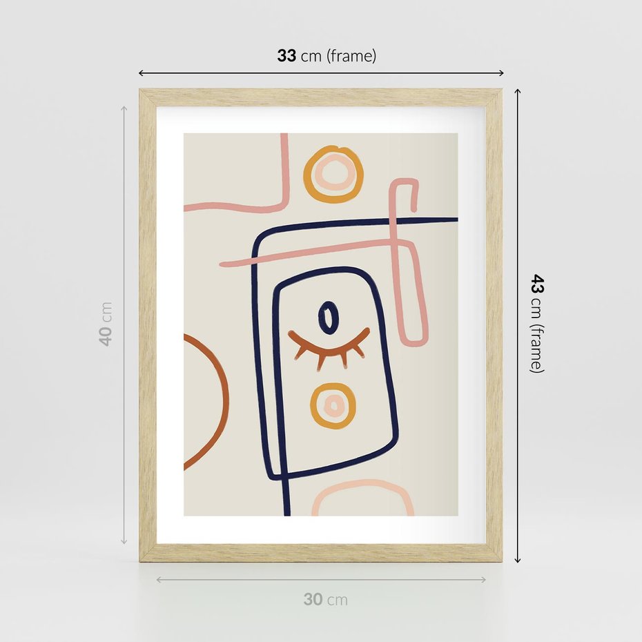 Plakat w ramie 30x40 - Manifestacje Dziwności - abstrakcja w stylu picasso, beżowe tło - rama drewno