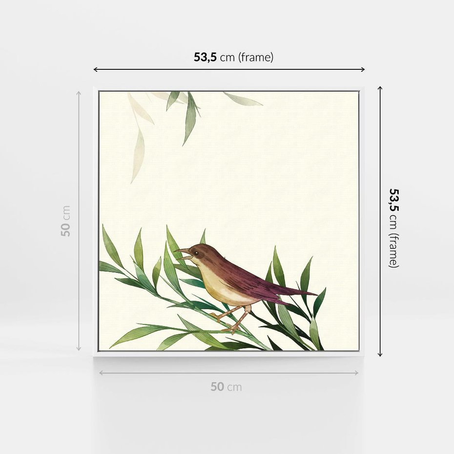 Obraz w ramie 50x50 - Roślinne Nastroje - japońska sztuka, ptak - rama biała