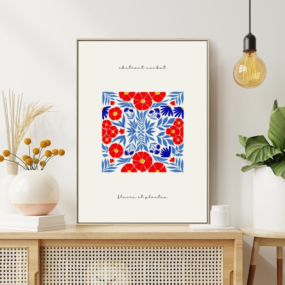 Obraz w ramie 50x70 - Tajemnicza Droga - nowoczesna kwiatowa kompozycja, czerwony i niebieski - rama drewno