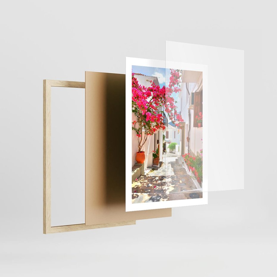 Plakat w ramie 50x70 - Kwiatowa uliczka wakacji - kwiaty, uliczka - rama drewno