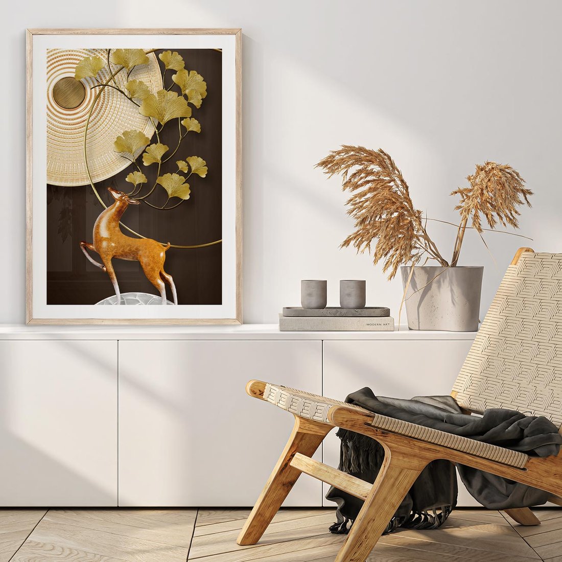 Plakat w ramie 50x70 - Elegancja i Tradycja - złote, liście - rama drewno