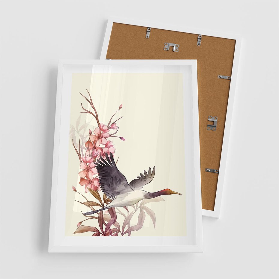 Plakat w ramie 50x70 - Szept Japonii - japońska sztuka, ptak - rama biała