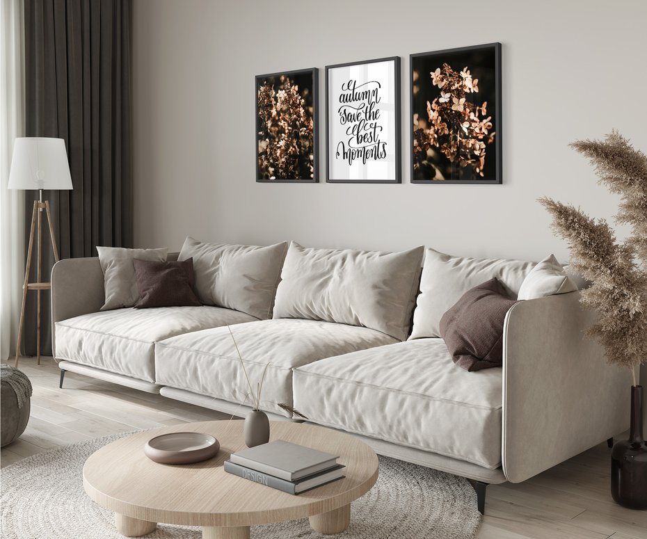 Zestaw obrazy w ramie 50x70 galeria - Hortensja, kwiaty, suche, cytat - rama czarna