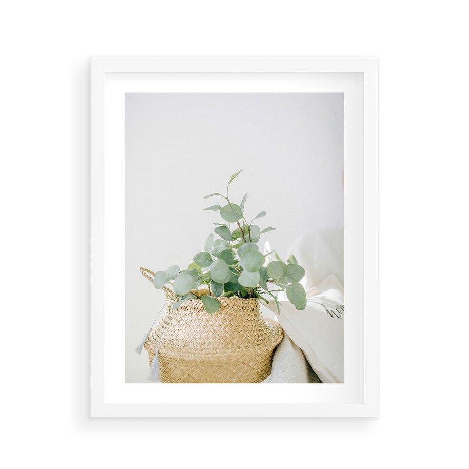 Plakat w ramie 40x50 - Eukaliptusowa Świeżość - eukaliptus, liście w koszu z wikliny - rama biała