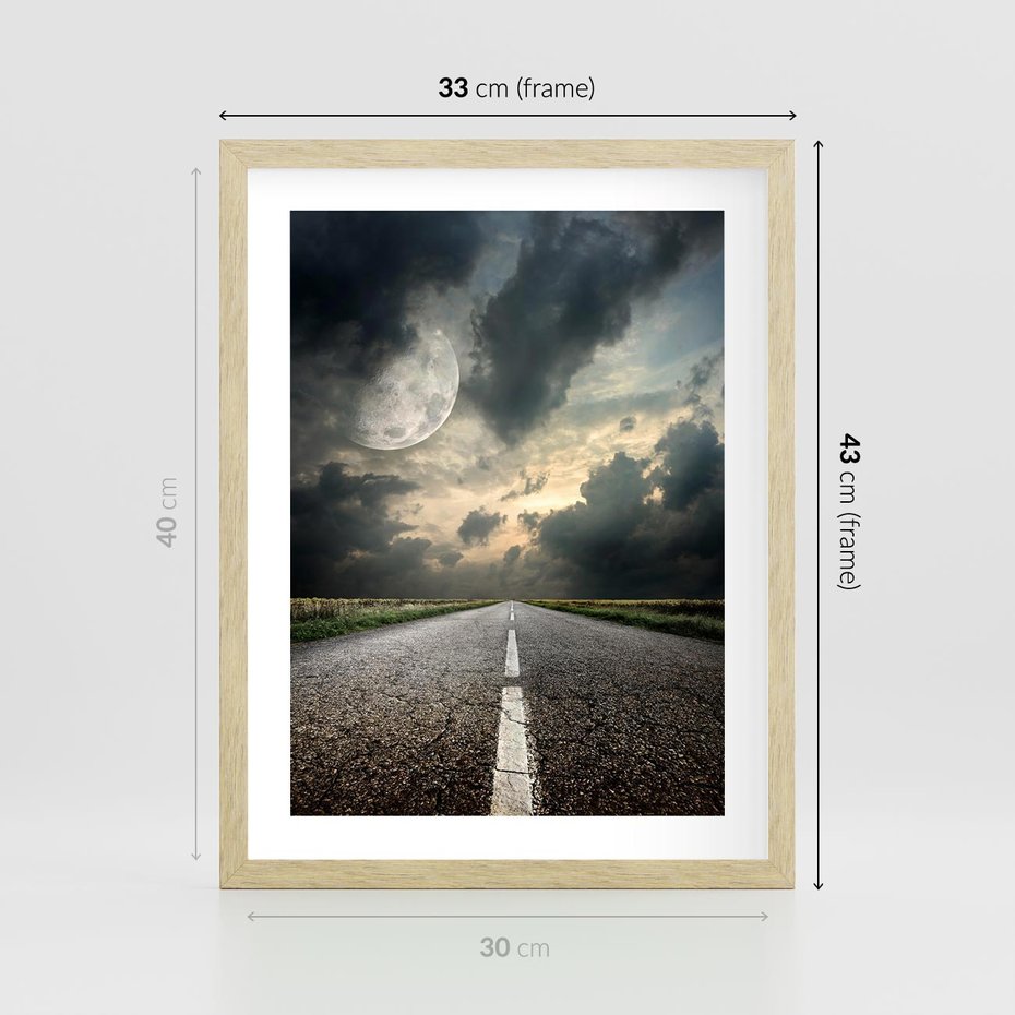 Plakat w ramie 30x40 - magia nocnej drogi - droga, księżyc - rama drewno