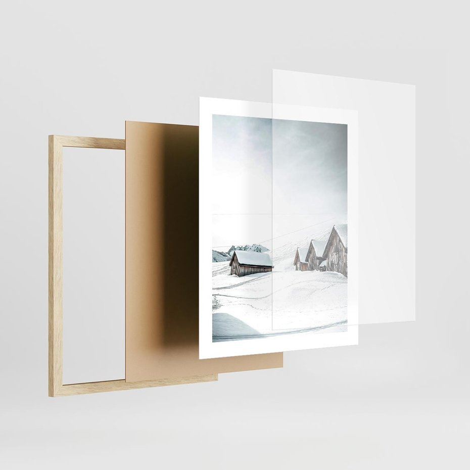 Plakat w ramie 40x50 - Zima w Domkach: Urok Śnieżnej Scenerii - domki w śnieżnym krajobrazie - rama drewno