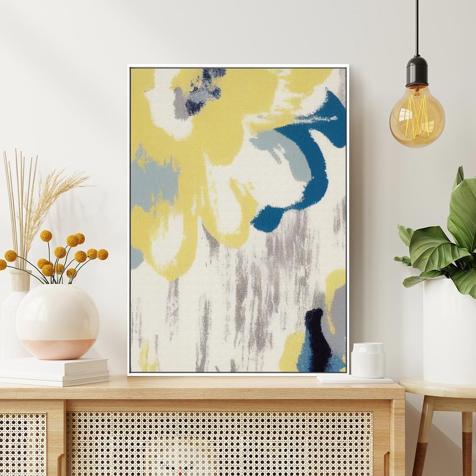 Obraz w ramie 50x70 - Kwiatowe Impresje - malowane duże kwiaty, kolory żółty - rama biała