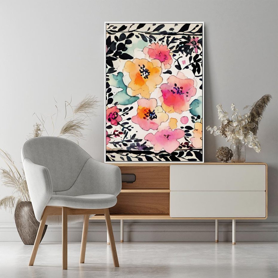 Obraz w ramie 50x70 - Opowieść w kroplach farb - akwarelowe kwiaty, mocna ornamentowa czarna ramka namalowana dookoła obrazu - rama biała