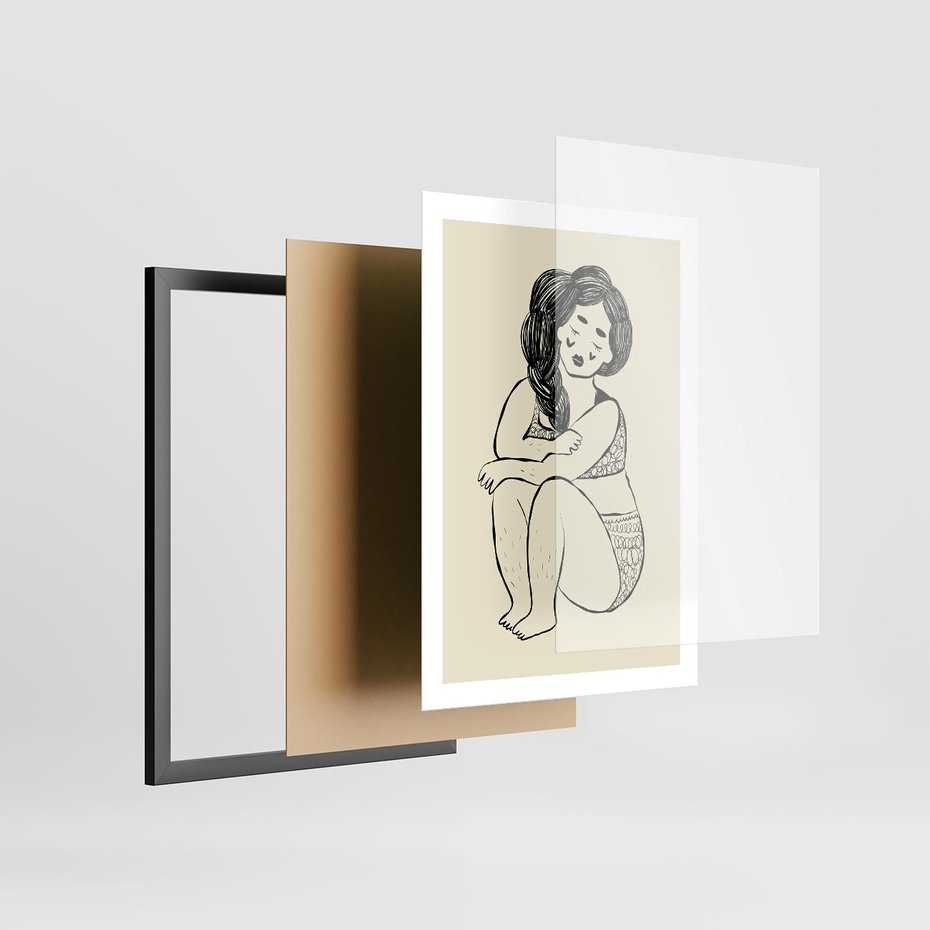 Plakat w ramie 50x70 - Migotliwe Refleksje - nowoczesny minimalistyczny rysunek, dziewczyna w bieliźnie - rama czarna