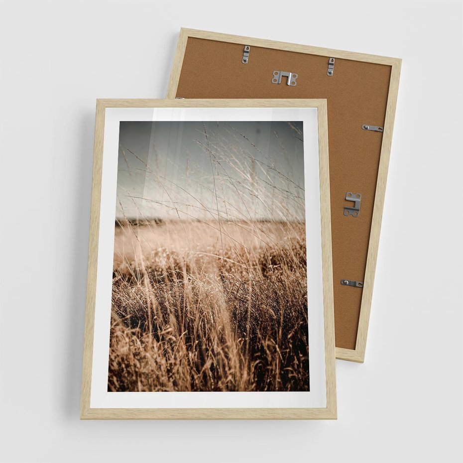Plakat w ramie 50x70 - Sucha Trawa w Odcieniach Sepii - suche trawy, łąka odcienie beżu - rama drewno