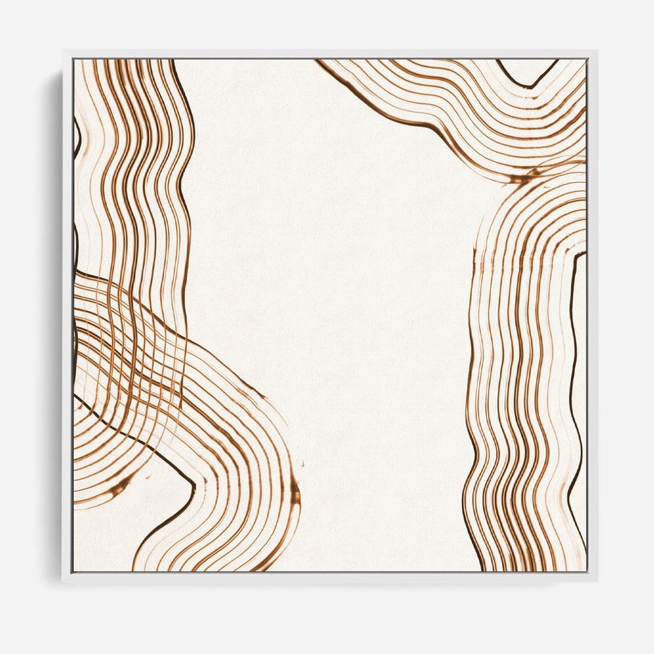 Obraz w ramie 80x80 - Ścieżki pędzla i myśli - minimalistyczna kompozycja, abstrakcyjne brązowe linie na białym tle - rama biała