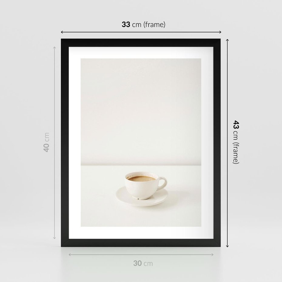 Plakat w ramie 30x40 - Kawa w Prostocie - kawa w filizance, białe tłó - rama czarna
