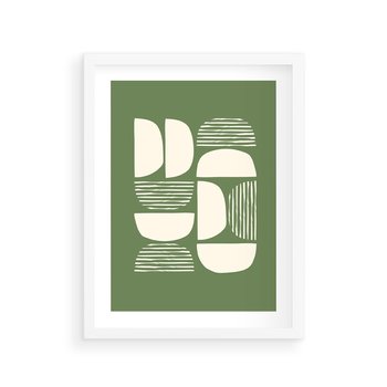 Plakat w ramie 50x70 - Migotliwe Formy - geometryczne boho kształty na brązowym, oliwkowym tle - rama biała