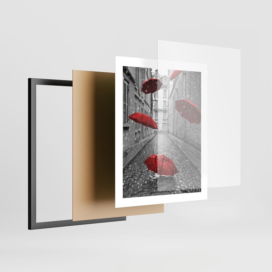 Plakat w ramie 40x50 - Parasole w malowniczej uliczce - parasole, uliczka - rama czarna