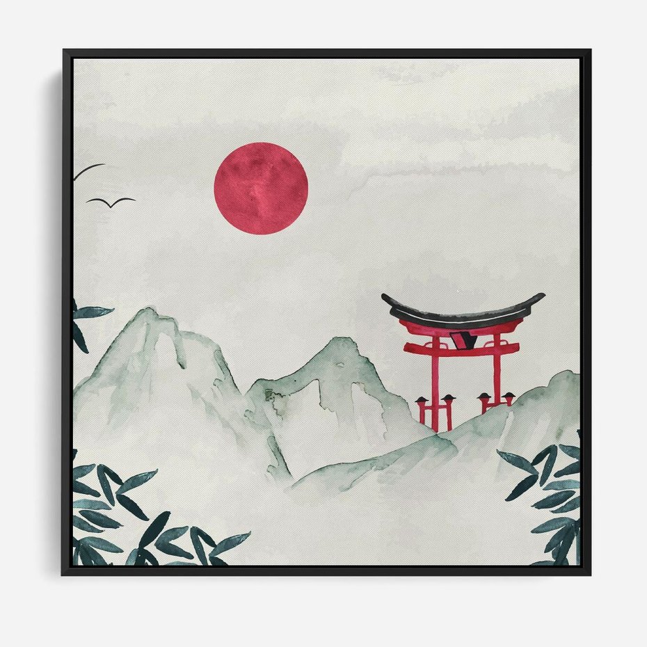 Obraz w ramie 50x50 - Słońce nad Górami - japoński krajobraz, góry - rama czarna