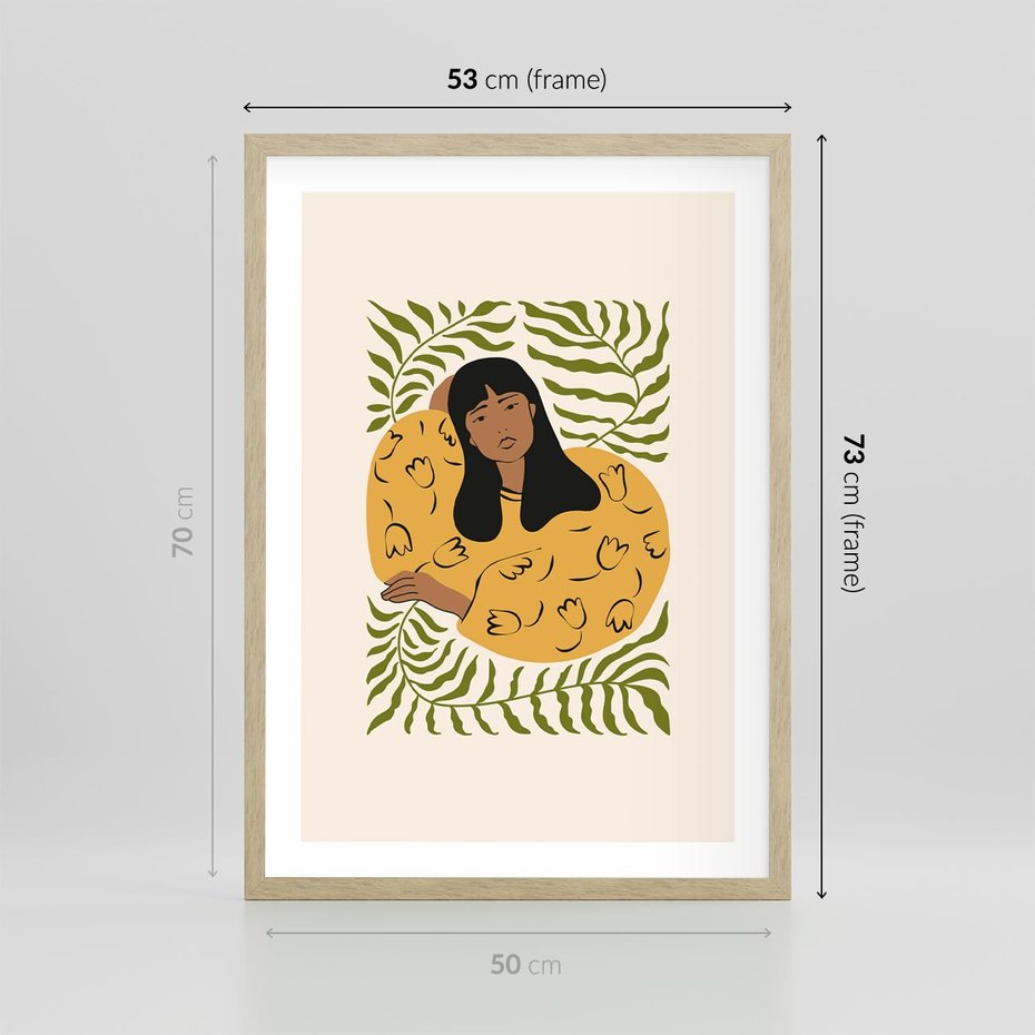 Plakat w ramie 50x70 - Malowane Odbicia Wyobraźni - nowoczesny plakat, kobieta otoczona liśćmi - rama drewno