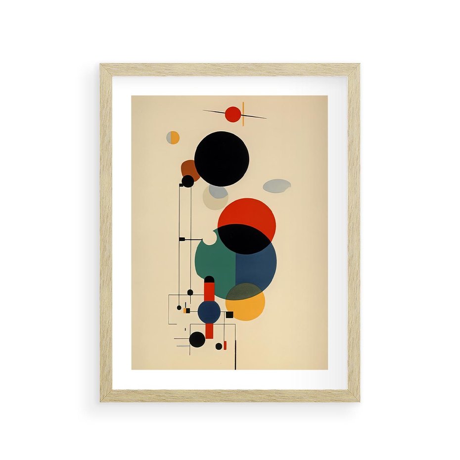 Plakat w ramie 30x40 - Migocące Impresje Odniesień - abstrakcyjna geometryczna kompozycja, koła linie - rama drewno