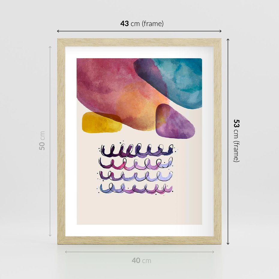 Plakat w ramie 40x50 - Impresje Akwarelowej Przestrzeni - kolorowe pastelowe plamy, rozmyte żywe kolory - rama drewno