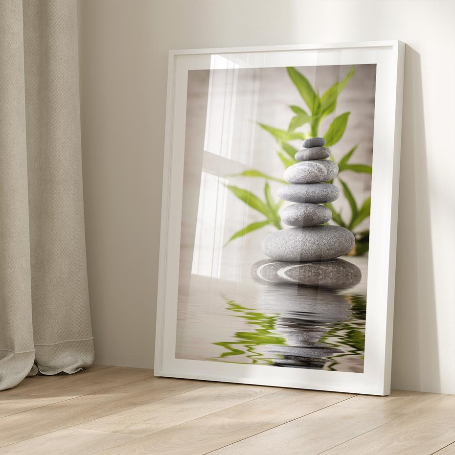 Plakat w ramie 30x40 - Spa kamienie: naturalne piękno - spa, kamienie - rama biała